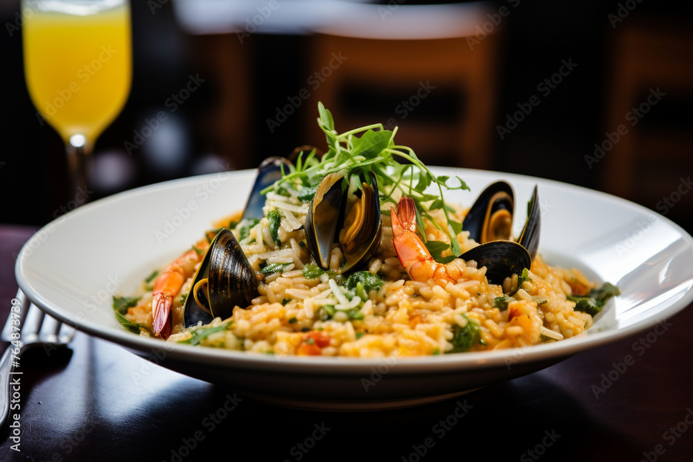 Seafood risotto sprinkled with microgreens as restaurant menu dish. Seafood risotto sprinkled with microgreens as restaurant menu dish.