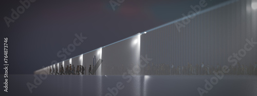 Refugees illegally break through a border at night. Low camera angle.