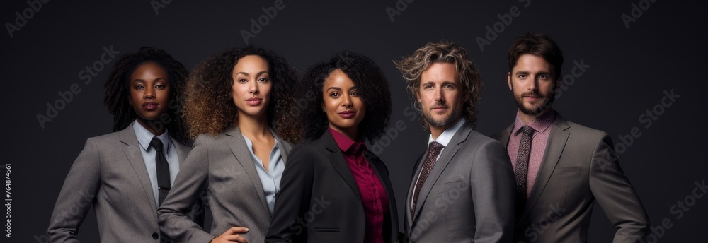 young businesswoman as she gazes directly at the camera, with her colleagues in the background, illustrating teamwork and professionalism in the corporate world.