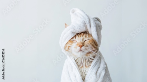 A serene white and orange cat with eyes squinted, wrapped in a white turban and towel on a light neutral background