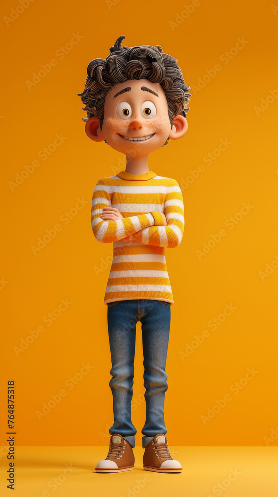 Friendly cartoon teenage boy in a striped shirt, rendered in 3D, smiling on a yellow background. Friendly cartoon teenage boy in a striped shirt, rendered in 3D, smiling on a yellow background.
