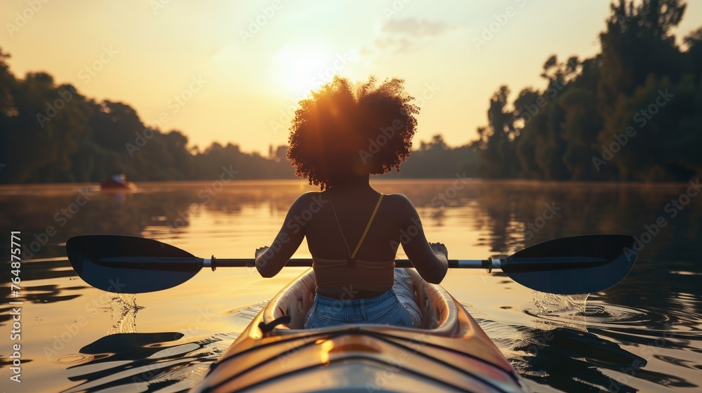 Fototapeta premium afro woman paddling in a kayak in the lake --ar 16:9 Job ID: b19ec4b2-2689-4fef-b94e-9a0d82a1a4c3