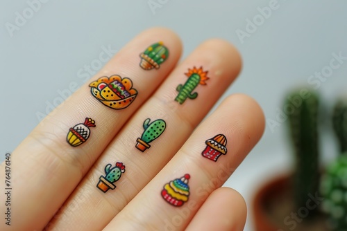 Fingers adorned with colorful miniature tattoos of cacti and Mexican-themed objects.