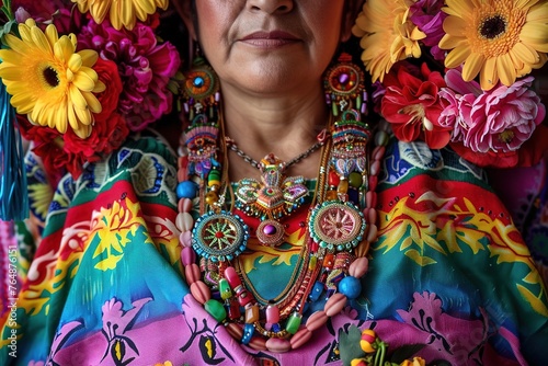 A colorful display of traditional jewelry and embroidery, with vibrant flowers.
