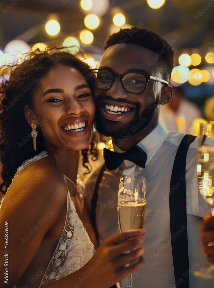 Beautiful bride and groom celebrating wedding with glasses	
