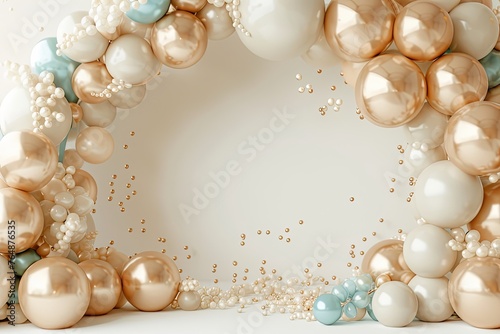Beige and gold balloons and arch, in the style of matte background