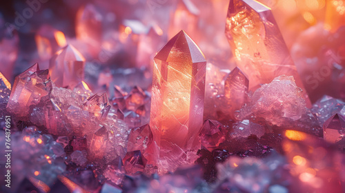 Crystallography. Grown colored crystals, viewed through a microscope.