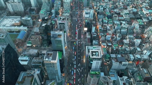 Drone View of Seoul city in South Korea, Gangnam road, winter, sunset