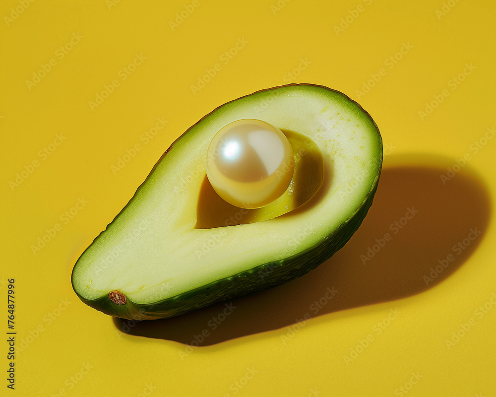 A half avocado with a pearl cut out of the pit, on a yellow background. Minimal food concept with an advertising aesthetic.