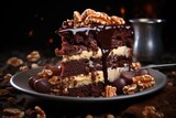 Chocolate cake with walnut cream and chocolate propagation, generative IA