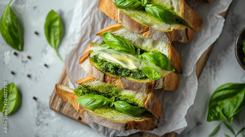 Caprese sandwiches with mozzarella cheese, nasturtium leaf pesto on a table.  Bazil leaves.