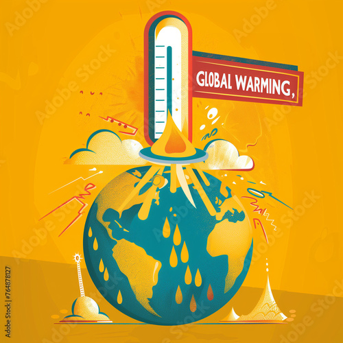 An illustration of a stylized Earth with a large thermometer inserted, showing a high temperature, along with melting effects and a sign that reads "GLOBAL WARMING,"