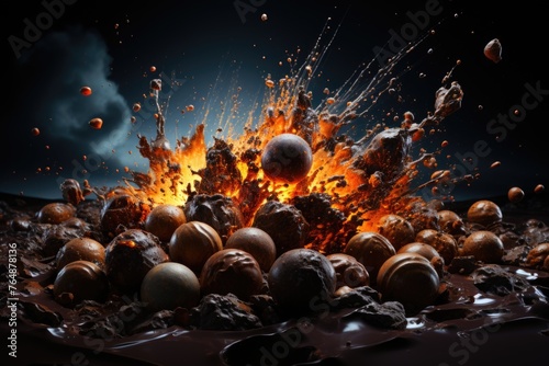 Bombons in the middle of the massive explosion of dark chocolate, particles and sp, generative IA photo
