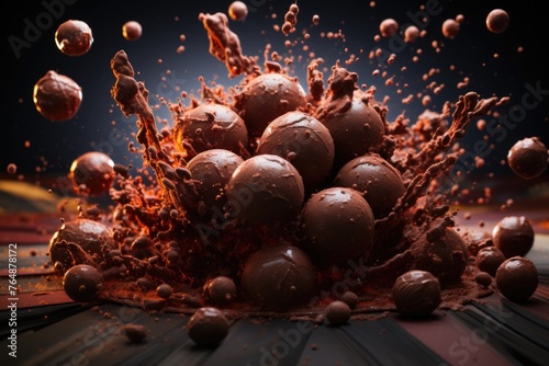 Bombons in the middle of the massive explosion of dark chocolate, particles and sp, generative IA