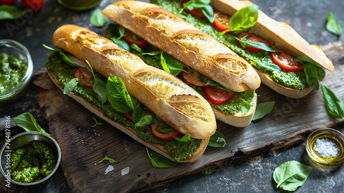 Caprese sandwiches with tomato, mozzarella cheese, nasturtium leaf pesto on a table. Bazil leaves.