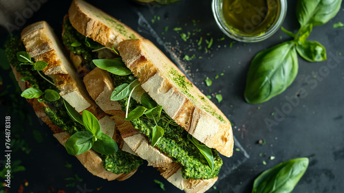 Caprese sandwiches with mozzarella cheese, nasturtium leaf pesto on a table. Bazil leaves.