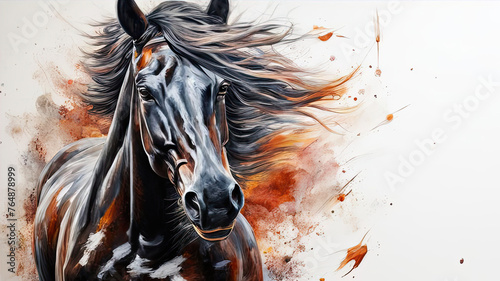 oil painting with a portrait of a beautiful brown stallion on a gray background. the head of a powerful horse is drawn with large strokes
