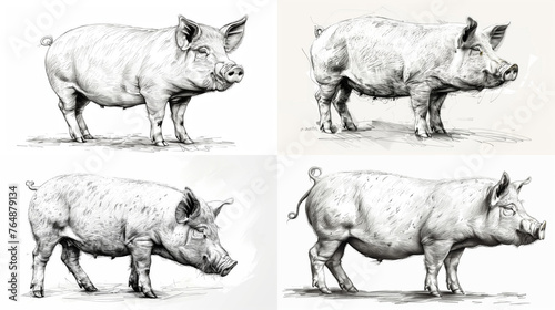 A highly detailed monochrome sketch of a domestic pig, showcasing artistic shading and realistic features. © khonkangrua
