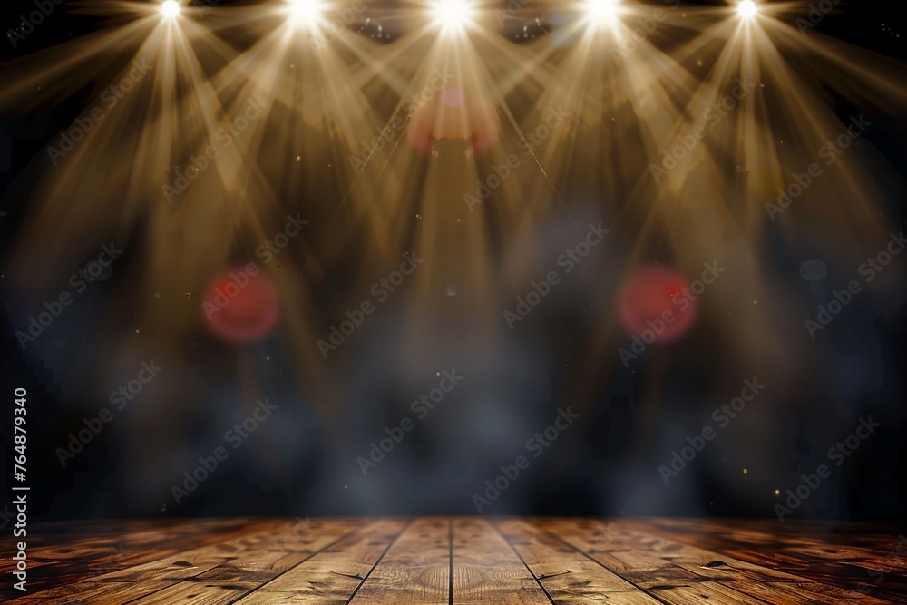 illustration of concert spot lighting over dark background and wood floor. generative ai. - obrazy, fototapety, plakaty 