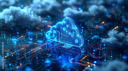 Cloud computing infrastructure depicted as a series of interconnected digital circuits, illustrating the networked nature of modern data processing.