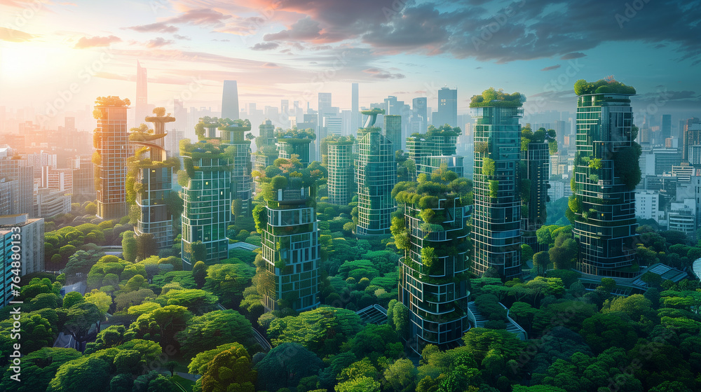 Futuristic cityscape with green roofs and renewable energy sources, Futuristic Eco-Friendly City Architecture Concept.