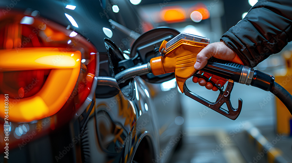 Hand refilling the car with fuel at the gas station, car in gas station Hand refilling the car with fuel at the gas station, car in gas station