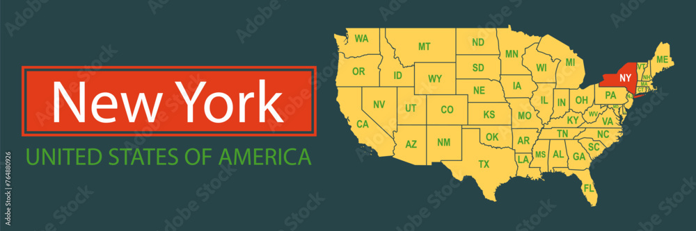 Obraz premium Banner, highlighting the boundaries of the state of New York on the map of the United States of America. Vector map borders of the USA New York state.