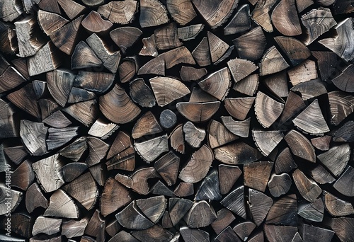Close-up of stacked firewood highlighting the natural patterns and textures of cut wood logs photo