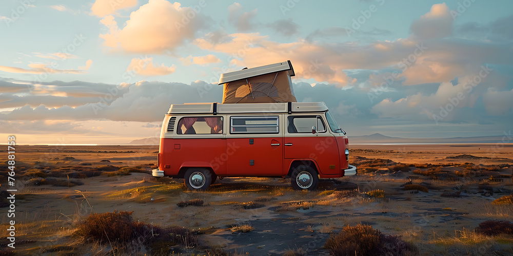 A retro camper van traveling through Australian landscapes, representing adventure and off-grid living. A retro camper van traveling through Australian landscapes, representing adventure and off-grid living.