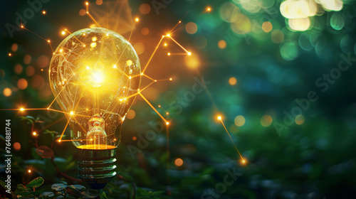 A light bulb glows with shimmering connections symbolizing innovation and ideas in a lush green background.