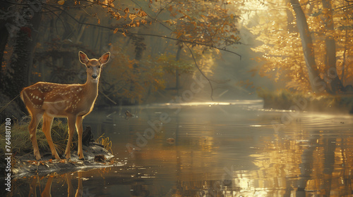 A fawn stands by a gently flowing river, surrounded by the rich colors of autumn leaves, with the morning sun casting a golden light through the mist. Fawn by Autumnal River in Morning Light. © NaphakStudio