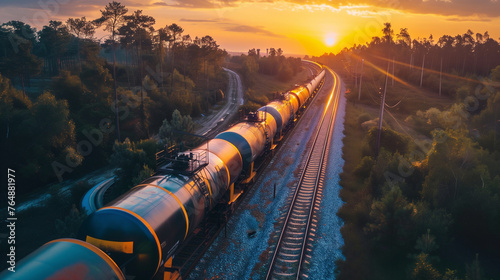 A freight train hauls colorful containers across the countryside, captured in the warm, golden light of the setting sun.