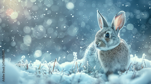 In a chilly winter scene, a grey rabbit sits among frosty plants, dusted with snowflakes. © NaphakStudio