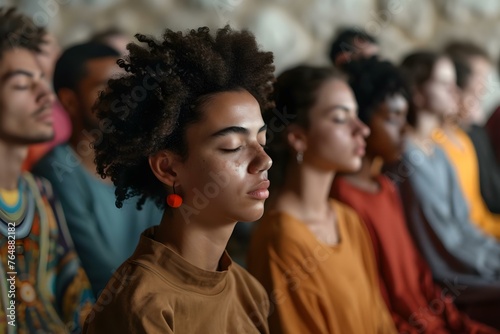 Diverse group of young people in deep meditation with eyes closed sitting together indoors during a spiritual ritual. Concept Meditation  Diversity  Spiritual Ritual  Young People  Indoors