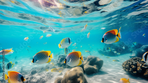Underwater Scene with Tropical Fish and Coral Reefs in Crystal Clear Sea 