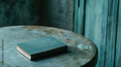 A teal hardcover book rests on an aged round metal table, creating a mood of contemplative solitude.