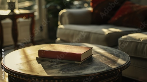 A solitary red book catches the soft sunlight on a round coffee table  adding warmth to a cozy living space.
