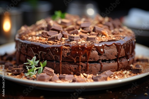 Close-up of the tasty chocolate cake with chocolate pieces on the baking dish.  generative IA