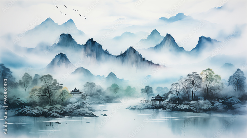 In the watercolor illustration, an ancient temple rests amidst mist-covered mountains, while a serene lake graces the foreground.