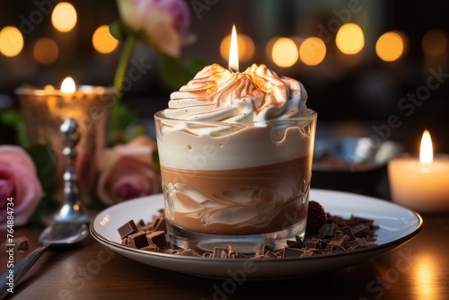 Delicious chocolate dessert with lit candle flame generated by IA, generative IA photo