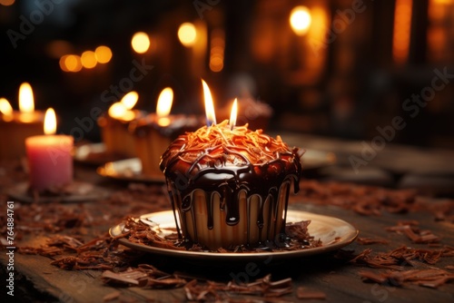 Delicious chocolate dessert with lit candle flame generated by IA, generative IA photo