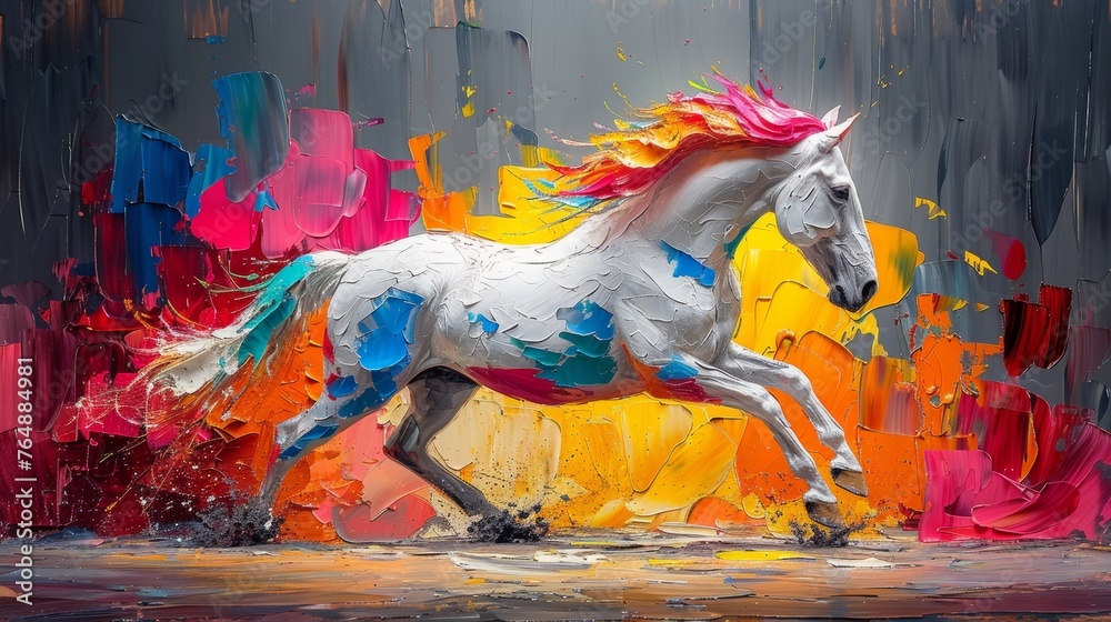 Paintings with large strokes of oil paint. Abstract art paintings, gold, horses, wall art, modern artwork. Large stroke painting, mural, art wall. - obrazy, fototapety, plakaty 