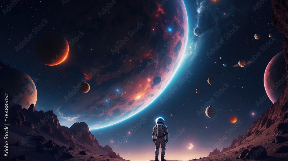  Galactic Wanderer: A Lone Astronaut's Vista of Alien Moonscape - obrazy, fototapety, plakaty 