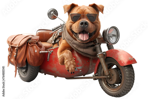 A cheerful 3D animated cartoon render of a smiling dog having fun in a sidecar. © Render John