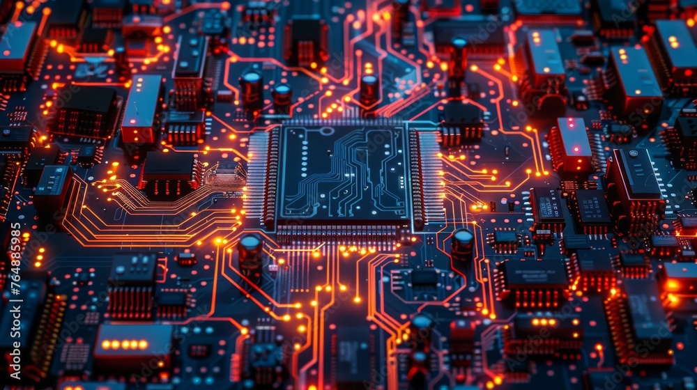 Circuit board overlaid with AI algorithms and neural network structures,  representing the intersection of hardware design and artificial intelligence research.
