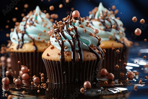 Vertical selective focus photo of chocolate cupcakes on a blue surface with drops , generative IA photo