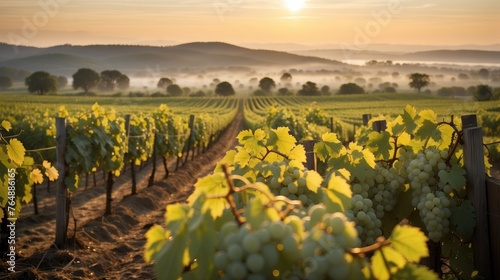 Sunrise Serenity at the Vineyard: A Misty Morning Amongst the Vines