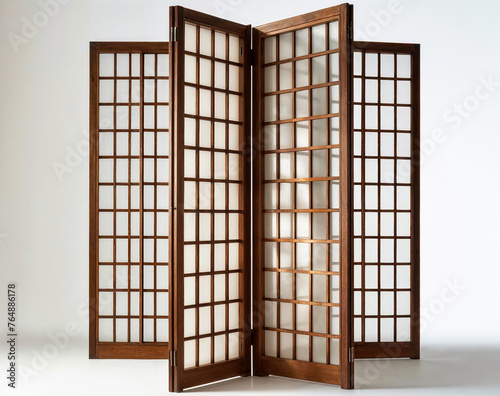 Wooden room divider screen with glass panels isolated on white background.   