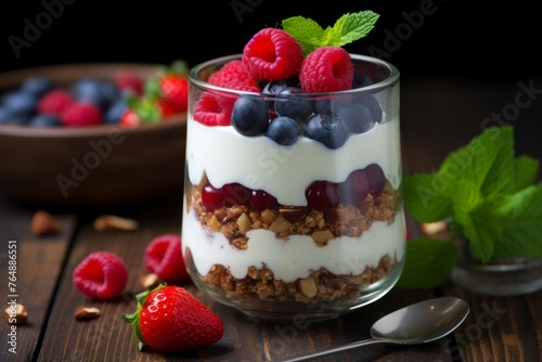 Healthy greek yogurt with granola, fresh berries, banana, and chia seeds for breakfast or snack