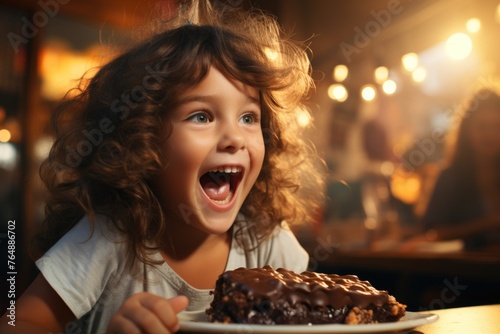 Happy Girl Bite of Tasty Child Chocolate Slab Yellow Sweet tooth Horizontal Poster, generative IA photo